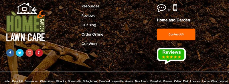 A website footer listing every town a lawn care company serves