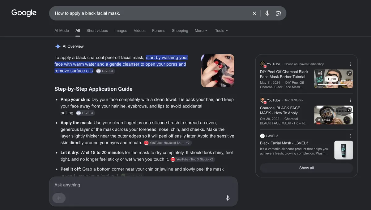 A Google results page showing an AI Overview answering a how-to question, with sources credited beside each step