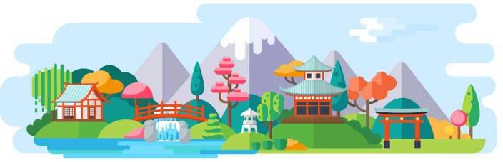 Illustration of a house beside a river in the mountains