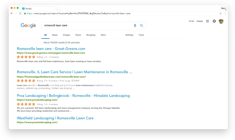 A 2018 Google results page for a local search, with star ratings showing under three of the four lawn care businesses