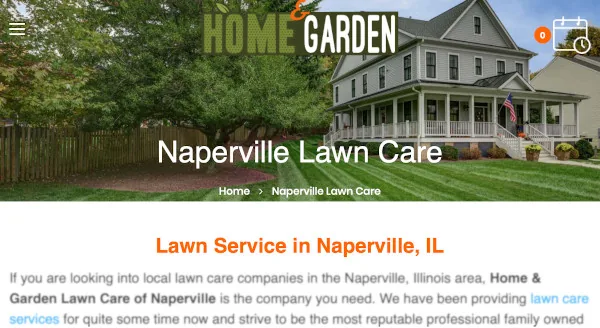 A city page for Naperville lawn care with the town name in the hero image and the heading