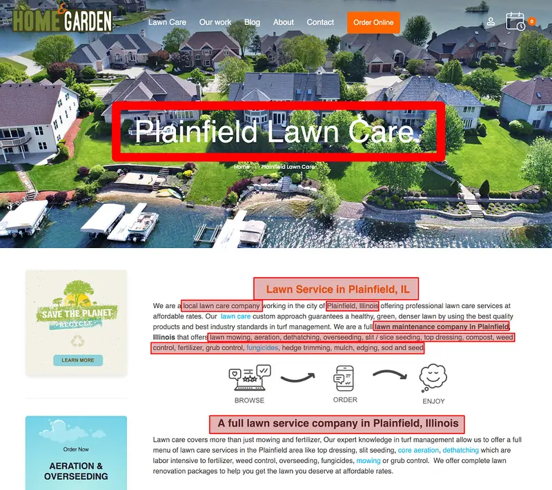 The Plainfield lawn care city page, with every mention of the town and its services highlighted