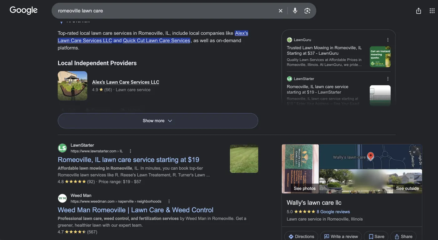 The same local search in 2026, showing business ratings inside the AI summary and the Google Business Profile panel